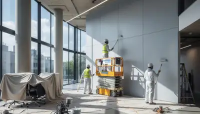 Commercial painting crew painting a business exterior in Easton, PA